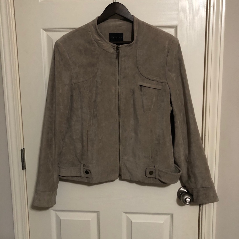Tribal Taupe Faux Suede Moto Jacket - Size 16